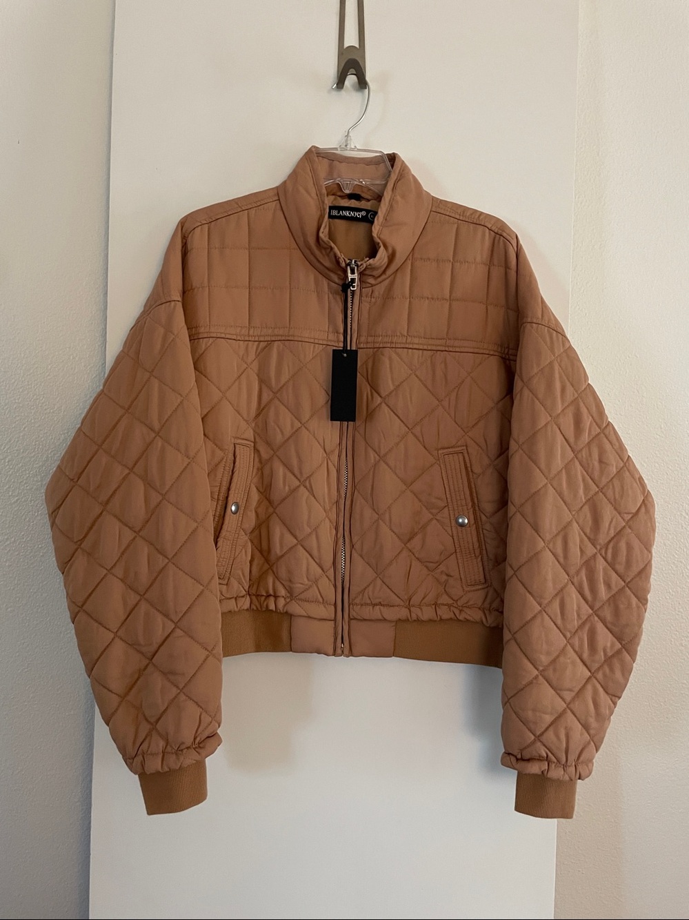 Blank NYC Soft Quilted Lined Cropped Bomber Jacket Zip Up Coat Camel NWT